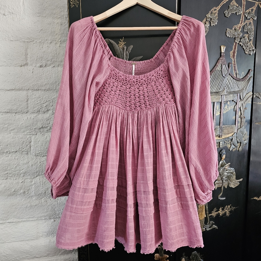 Free People Ari Long-sleeve Crochet Babydoll Mini Dress SzXS NWOT